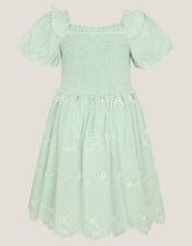 Embroidered Puff Sleeve Smocked Dress, Green (GREEN), large