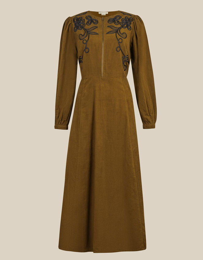 Edie Long Sleeve Embroidered Corduroy Midi Dress, Green (CHARTREUSE), large