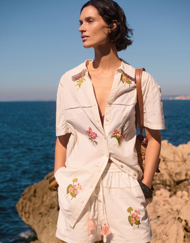 Luna Floral Embroidered Shirt, White (WHITE), large