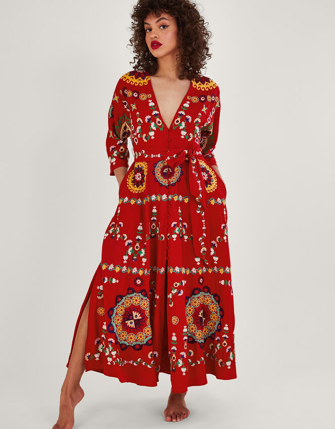 Jennifer Hand-Embellished Kimono Dress, Red (RED), large