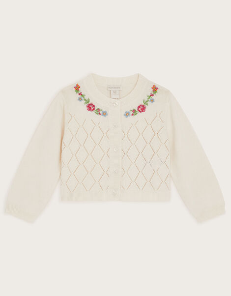 Baby Floral Pointelle Knit Cardigan, Ivory (IVORY), large