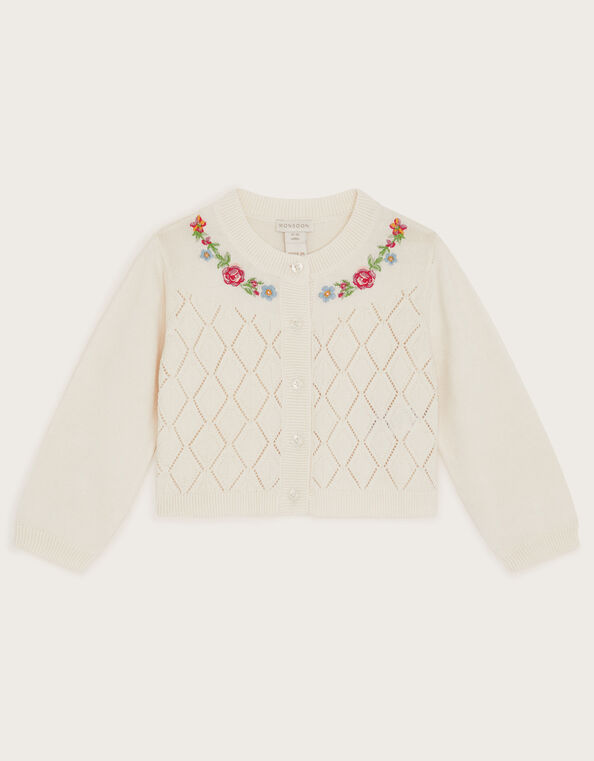 Baby Floral Pointelle Knit Cardigan, Ivory (IVORY), large