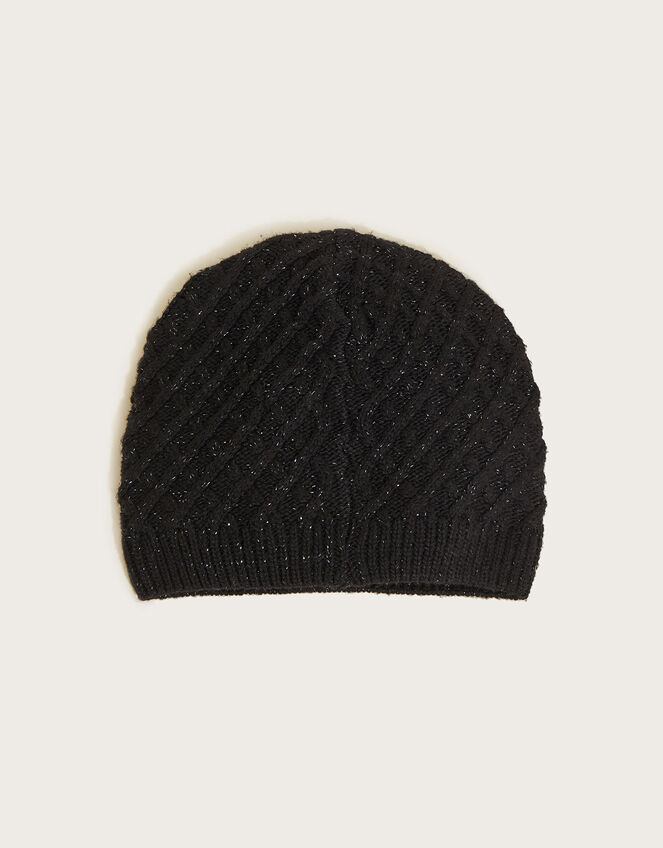 Velvet Leopard Bow Beanie Hat with Recycled Polyester, Black (BLACK), large