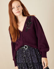 Embellished Cardigan with Recycled Polyester, Red (BERRY), large