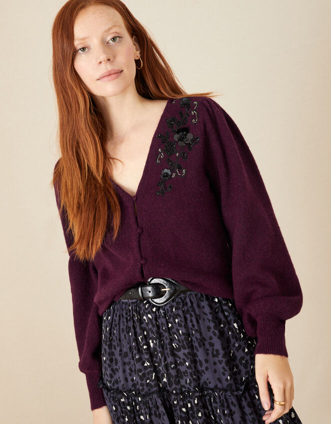 Embellished Cardigan with Recycled Polyester, Red (BERRY), large