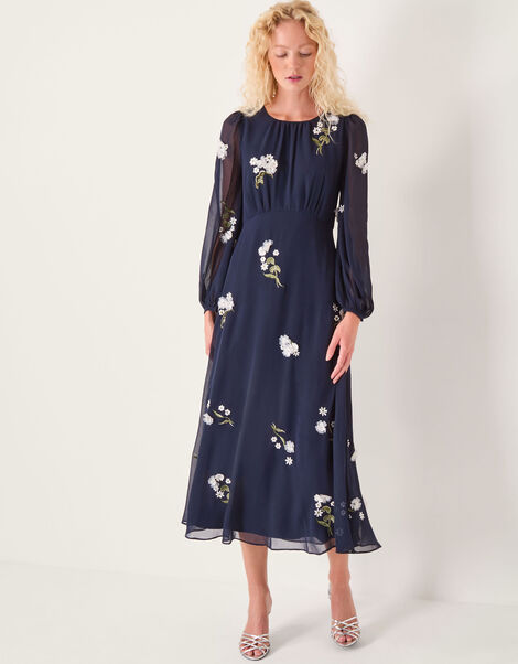 Delilah Floral Appliqu&eacute; Midi Dress, Blue (NAVY), large