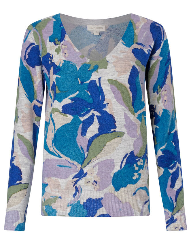 Floral V-Neck Jumper, Grey (GREY), large