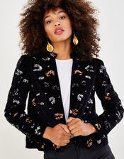 Marianly Animal Sequin Velvet Jacket, Black (BLACK), large