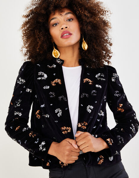 Marianly Animal Sequin Velvet Jacket, Black (BLACK), large