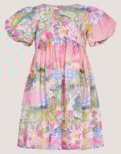 Bunny Scene Puff Sleeve Dress, Yellow (YELLOW), large