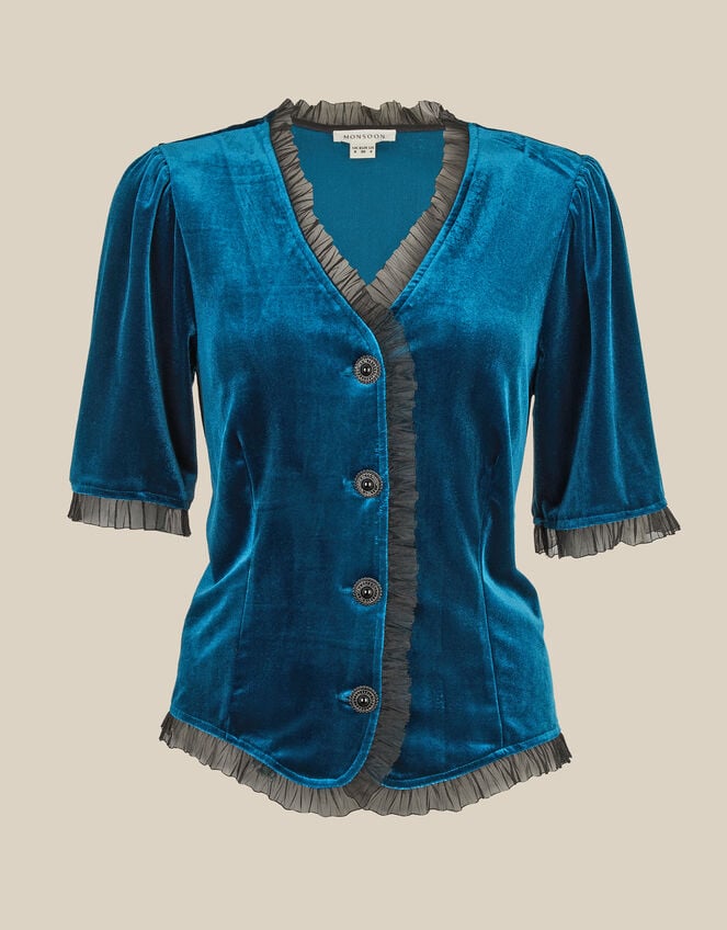 Vanessa V-Neck Velvet Top, Teal (TEAL), large