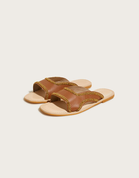 Leather Embellished Slide Sandals Tan, Tan (TAN), large