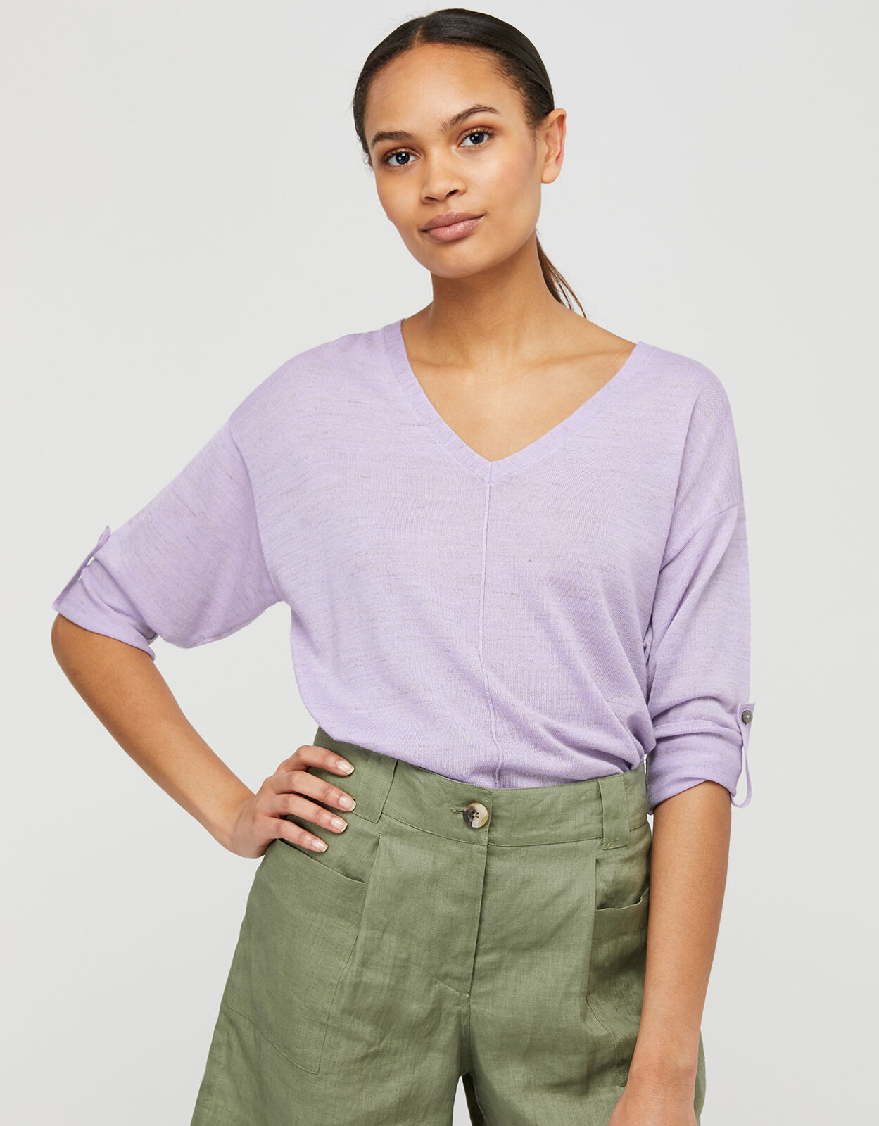 Tilly Tab Sleeve Lightweight Jumper in Linen Blend Purple