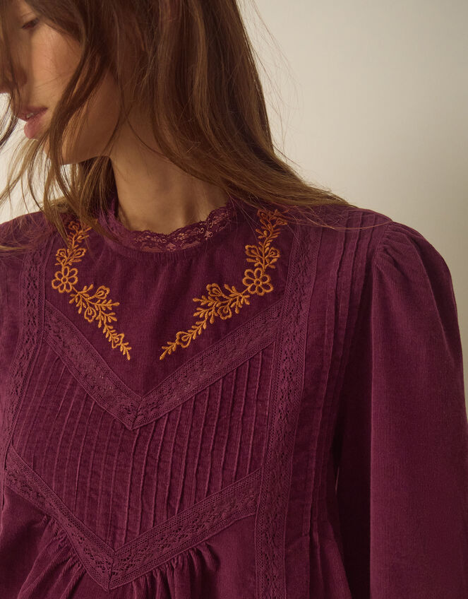 Tyra Long Sleeve Embroidered Corduroy Top, Red (BURGUNDY), large
