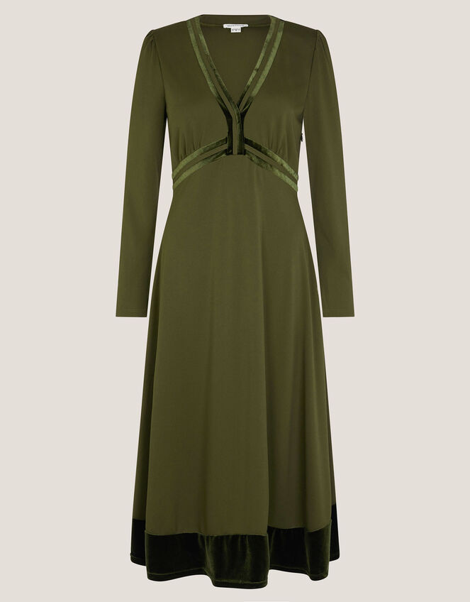 Viv Velvet Trim Long Sleeve Midi Dress, Green (KHAKI), large