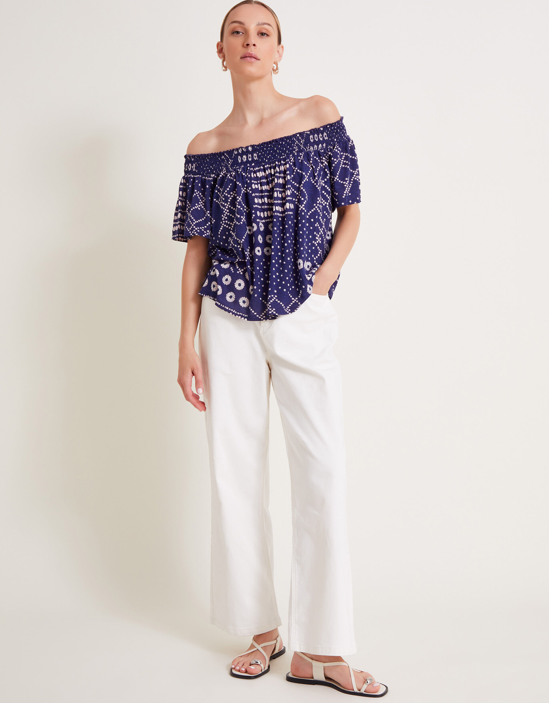 Cindy Print Bardot Top Blue Tops T shirts Monsoon Global