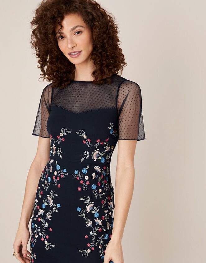 Eva Floral Embroidered Shift Dress, Blue (NAVY), large