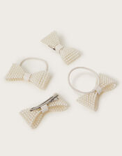 4-Pack Pearl Beaded Bow Hair Set, Ivory (IVORY), large
