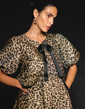 Anne Leopard Print Bow Jacket, Brown (BROWN), large