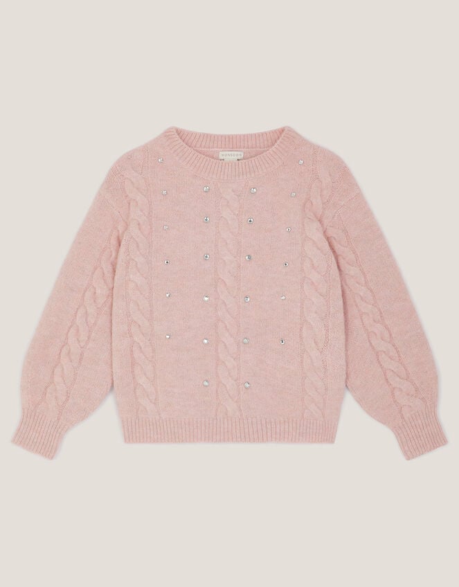 Rhinestone Cable Knit Sweater, Pink (PINK), large