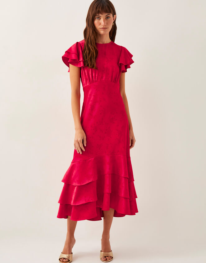 Ester Satin Ruffle Midi Dress, Red (RED), large