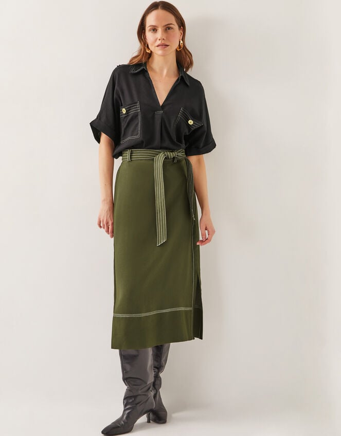 Katya Tie Waist Midi Skirt, Green (KHAKI), large