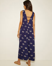 Briana Fan Print Wide Leg Jumpsuit, Blue (NAVY), large