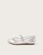 Metallic Mesh Strap Ballet Flats, Silver (SILVER), large