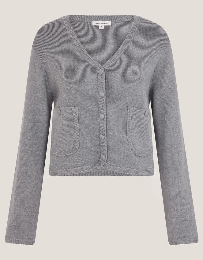 Viola V-Neck Cropped Cardigan, Gray (GREY), large