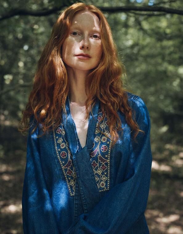East Dolie Embroidered Denim Blouse, Blue (DENIM), large
