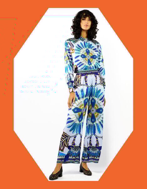 Wild Athena Feather Print Trousers, Blue (BLUE), large