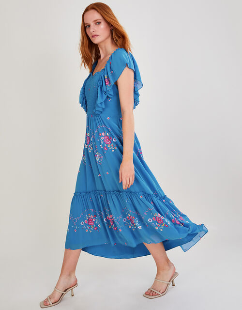 Sylvia Embroidered Midi Dress in Recycled Polyester, Blue (BLUE), large