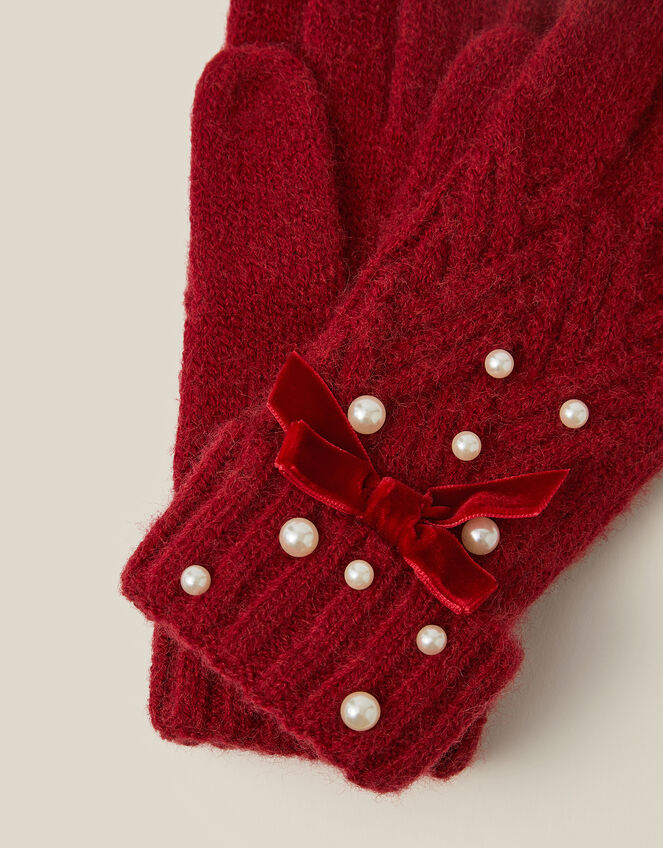 Pearl Cable Knit Gloves, Red (RED), large