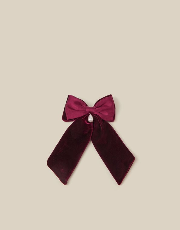 Pearl Charm Velvet Bow Hair Clip, , large