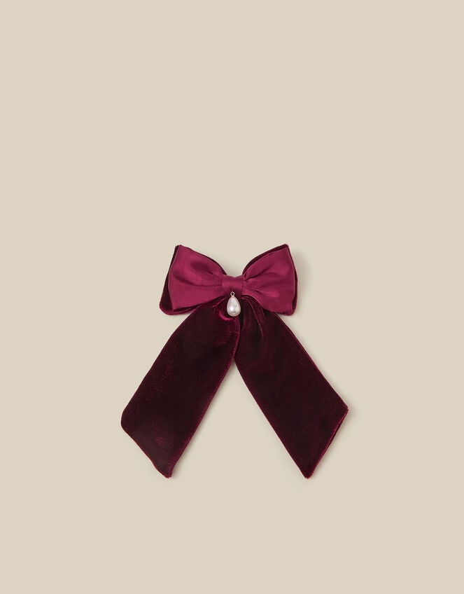 Pearl Charm Velvet Bow Hair Clip, , large