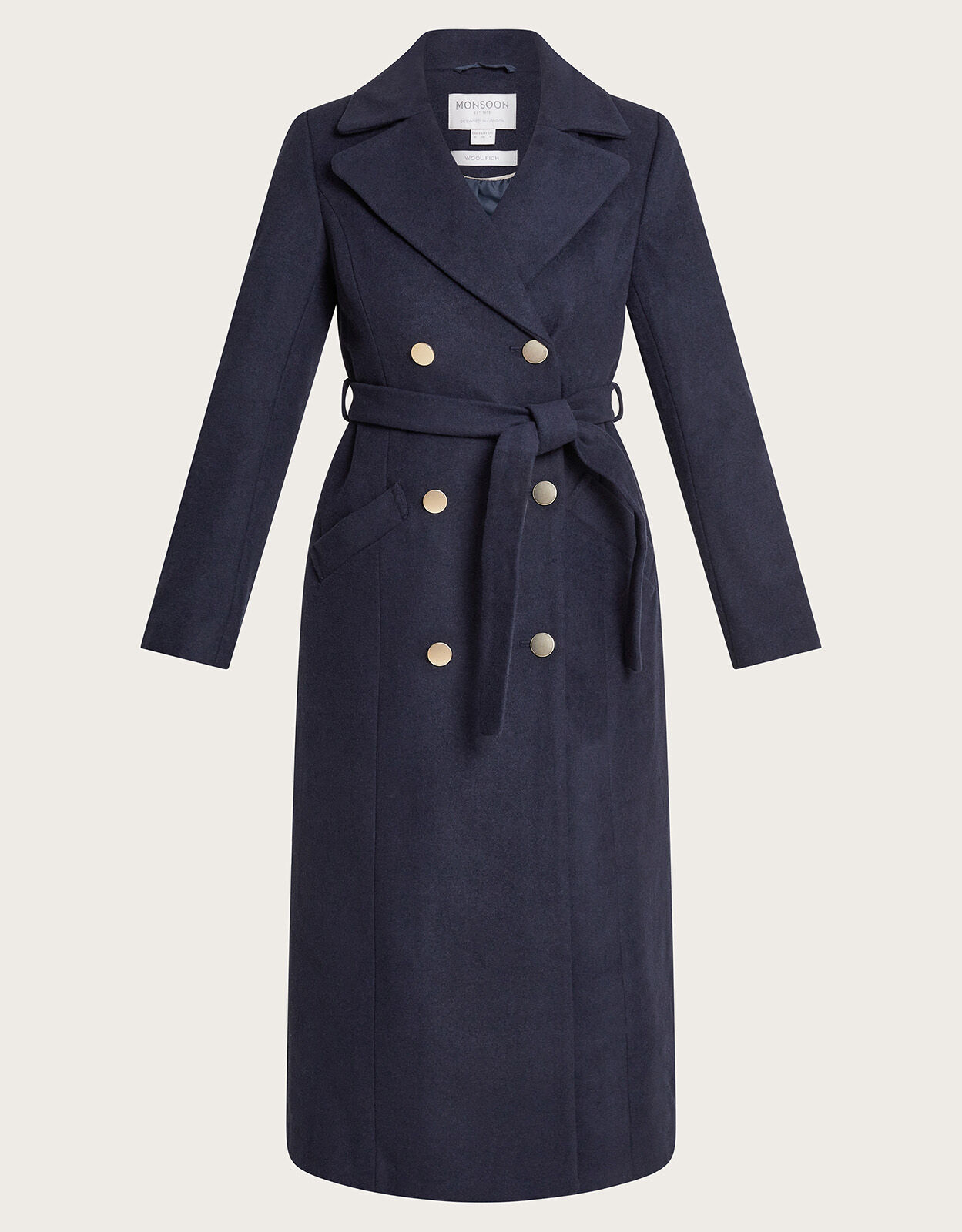Navy belted wool coat clearance