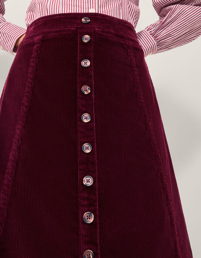 Jamie Button Corduroy Midi Skirt, Red (BURGUNDY), large