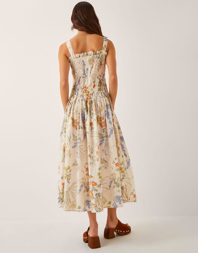 Jesse Floral Shirred Midi Dress, Ivory (IVORY), large