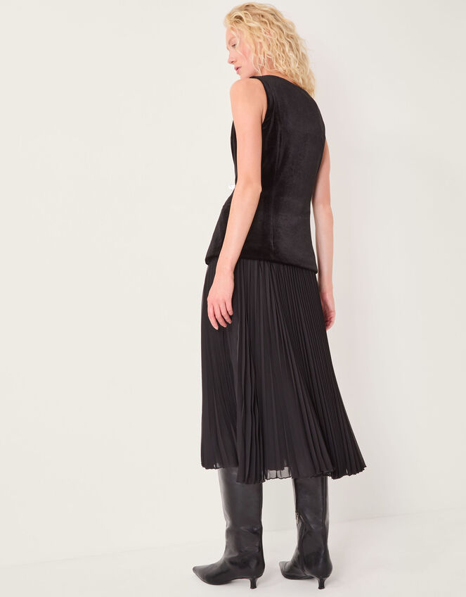 Vanessa Sleeveless Velvet Pleated Midi Dress, Black (BLACK), large