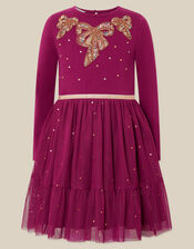 Bow Embellished Long Sleeve Disco Dress, Red (BURGUNDY), large