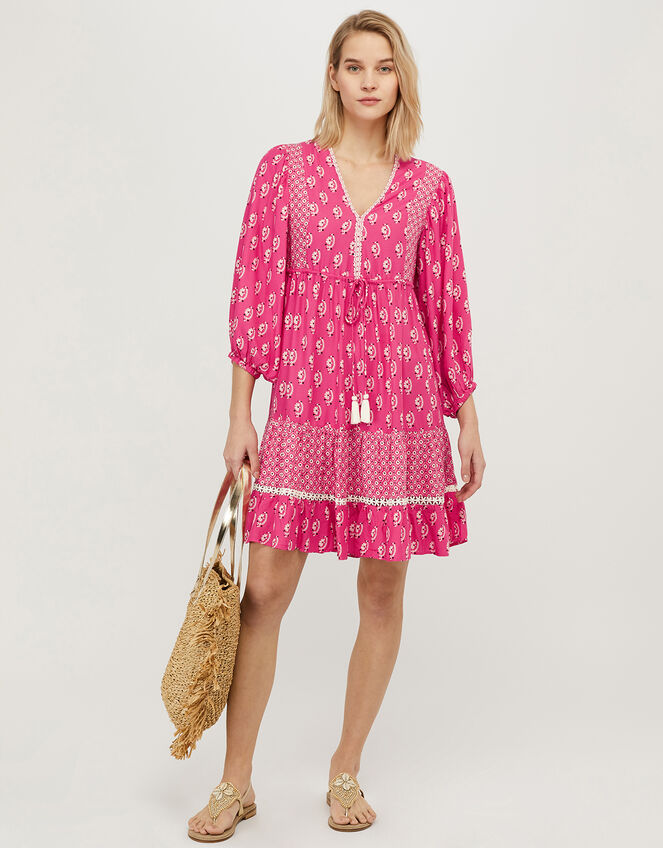 Contrast Print Tiered Dress in LENZING™ ECOVERO™, Pink (PINK), large