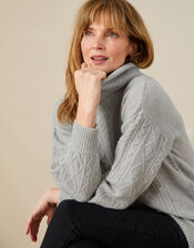 Cable Knit Cowl Neck Jumper, Grey (GREY), large
