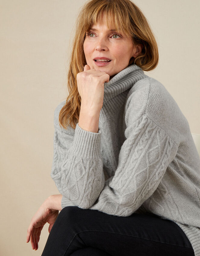 Cable Knit Cowl Neck Jumper, Grey (GREY), large