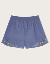 Chambray Shirred Stitch Shorts , Blue (BLUE), large