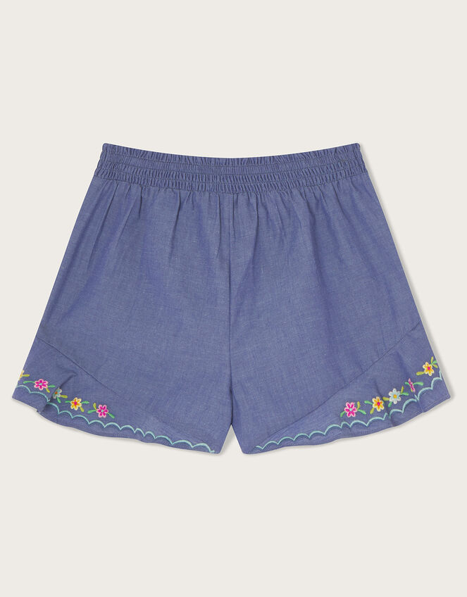 Chambray Shirred Stitch Shorts , Blue (BLUE), large