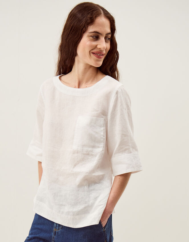 Ingrid Linen Top, White (WHITE), large