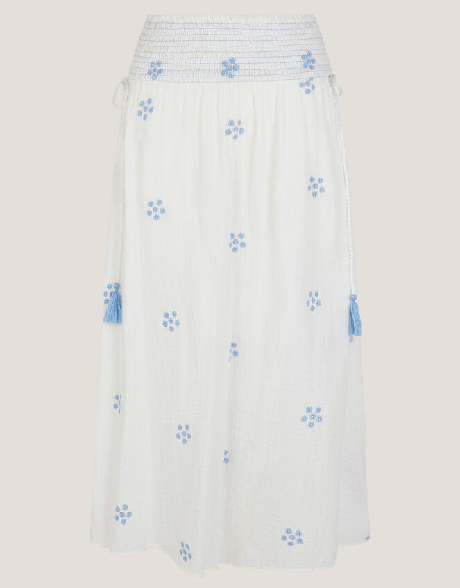 Daisy Embroidered Floral Midi Skirt, White (WHITE), large