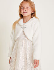 Long Sleeve Faux Fur Shrug, Ivory (IVORY), large