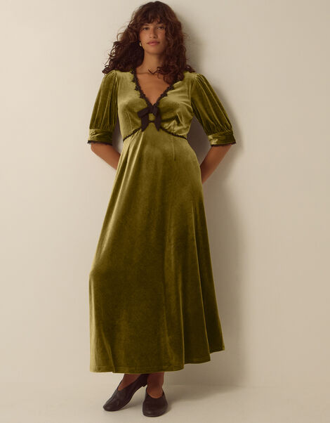 Vera V-Neck Velvet Midi Dress, Green (OLIVE), large