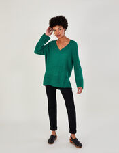 V-Neck Cable Longline Jumper with Recycled Polyester , Green (GREEN), large